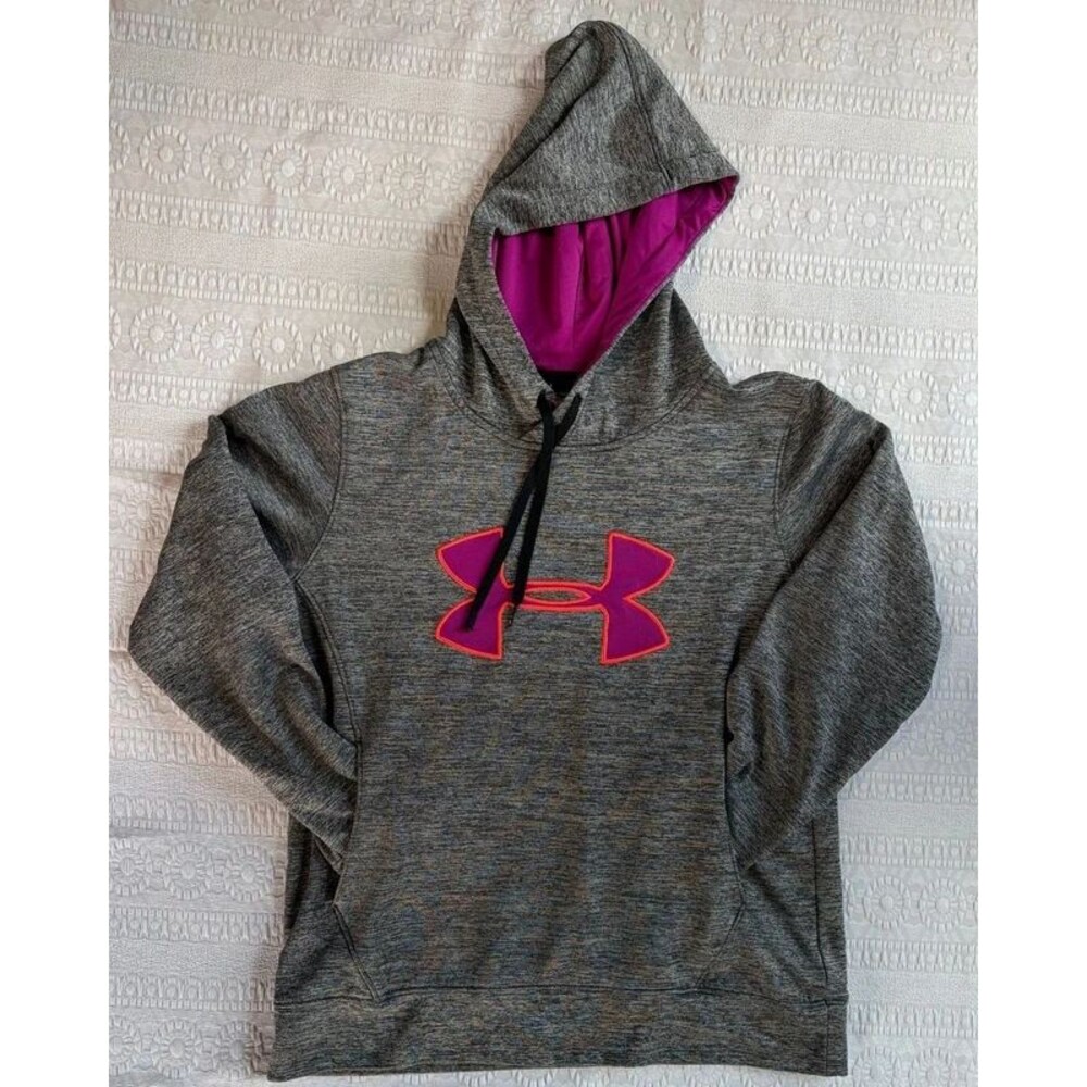 Under Armour Hoodie Womens M Fleece Logo Gray Pink Pullover Sweatshirt Athletic